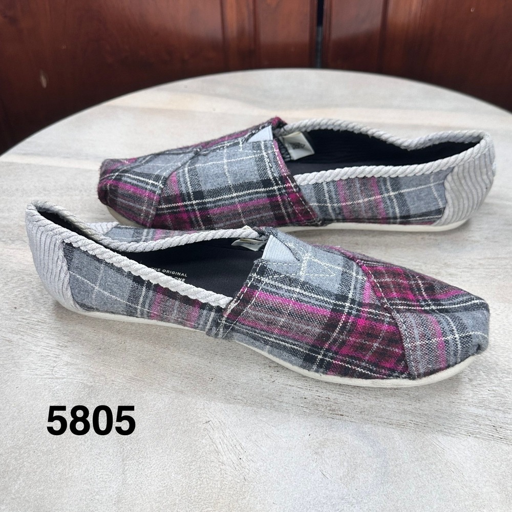 TOMS Womens Size 8 Pink Gray Plaid Slip On Flats Casual Back To School Shoes